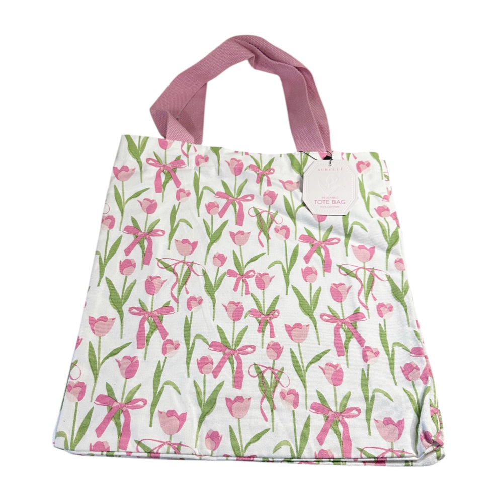 NEW Aurelle PINK BOW & TULIPS REUSABLE TOTE BAG with Double Handles
